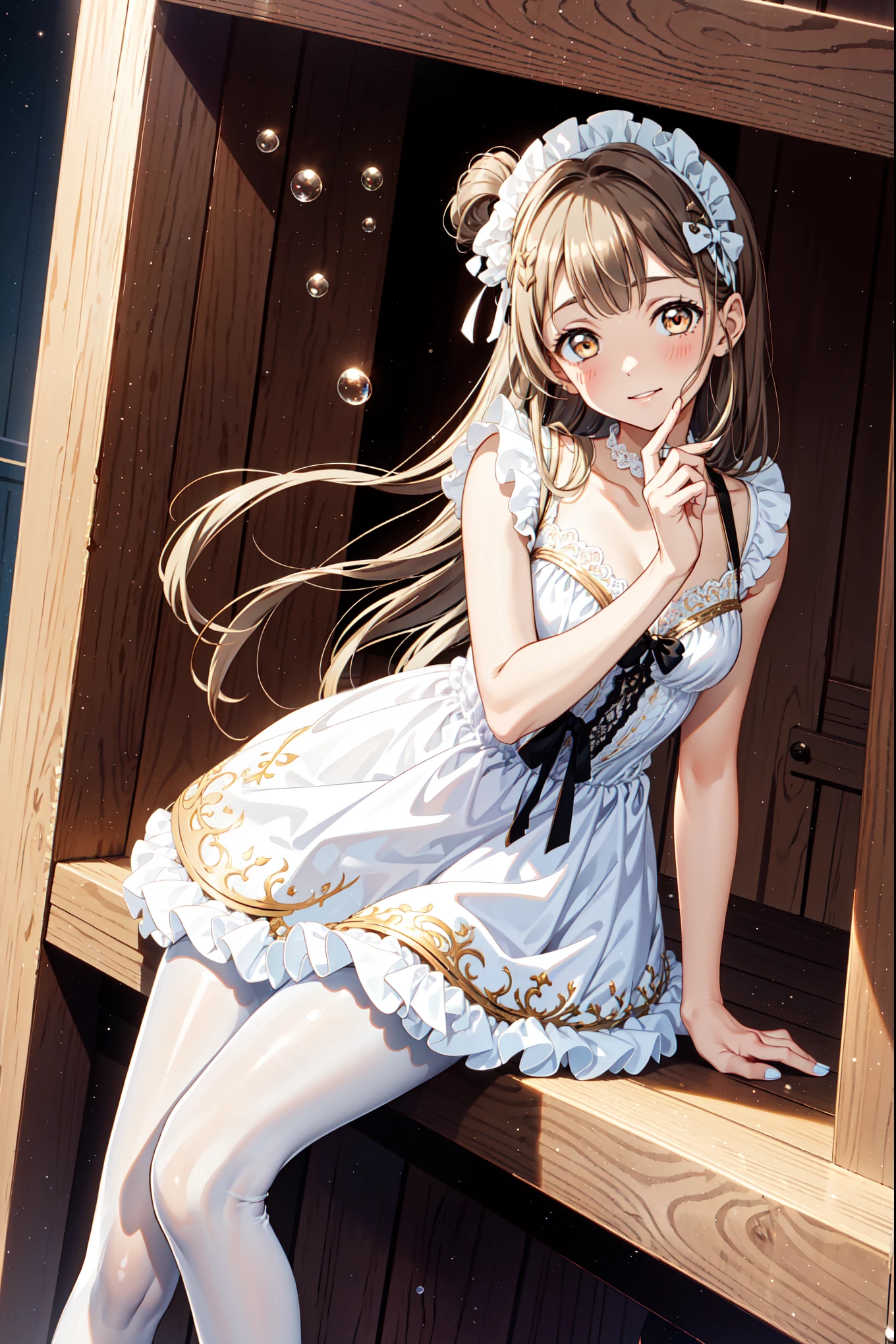  girl，， Have Fun ，in love，( Girl in a white modern shirt and a transparent white bubble dress， Wear pantyhose :1.2)，( black ruffle bow gloves )，Lace，Wrinkles， superdetail，Lovely Decor ，  brown hair  ， golden eyes，White sacred headdress，透明Lace，Exquisite clothing， alone，European bedroom，(night:1.1)，  delicate and beautiful face  ， special hairstyle, slightly curly hair