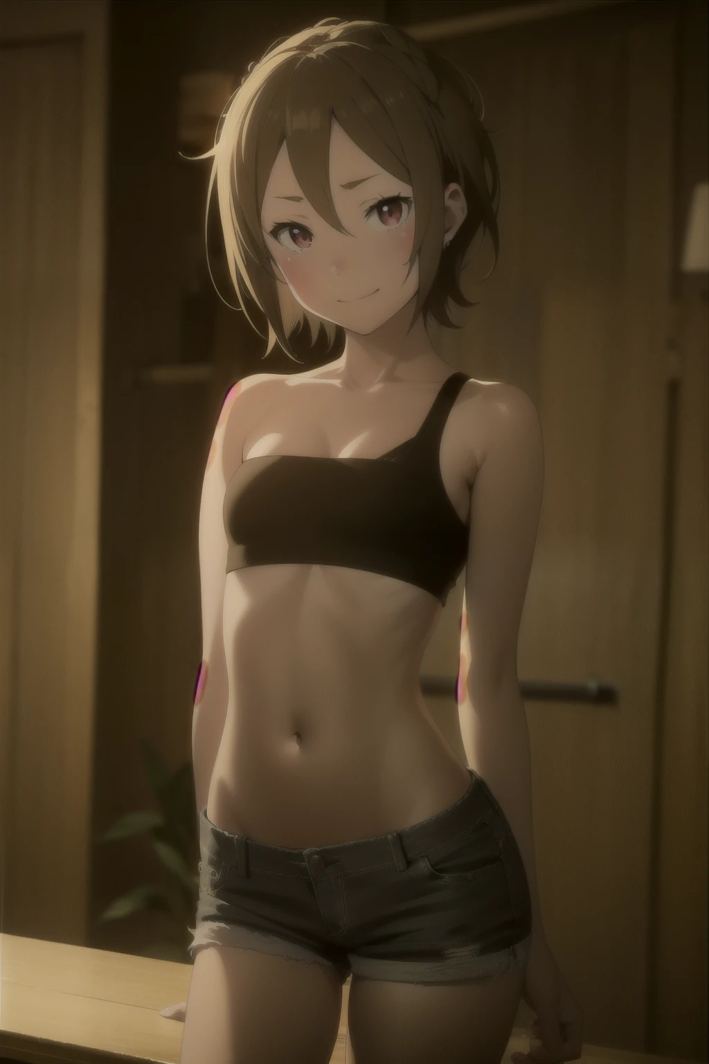 Anime style  , 1girl , Felt , short hair  ,  smug face smile , blush,  small breasts,  black tube  top , sexy micro-shorts jeans , thong shorts, nádegas . looking at viewer , skinny body 