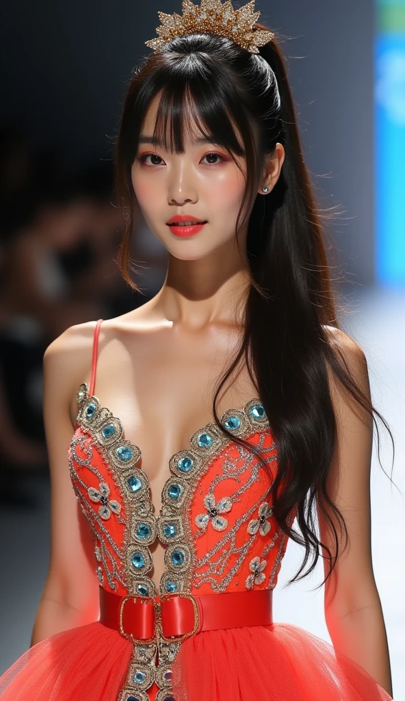Best quality,tmasterpiece,1girll,red tinted hair,short detailed hair,eBlue eyes,shiny skins,sunflare,an award winning photograph, Wide-angle photo on the catwalk, stage lighting,Healthy body, closeup cleavage, with dynamism, Photorealistic, Realistic, Dramatic, Dark, Sharp focus, 8K,20yr old,fully body photo((top-quality,8K,tmasterpiece:1.3)),Sharp focus:1.2,Beautiful Women in Perfect Figure:1.4,The abdomen is slender:1.2,((Layered Hair Style,:1.2)),Large breasts 1.3,Small yellow floral miniskirt,(distance:1.2),Moist body:1.1,Very delicate face and skin texture,Detailed eyes,二重まぶた, suntanned skin,Raised sexy,marron marron,Real skin,Real eyebrows,Blue eyeballs,perfect proportion of body,facing away from the audience,Twist back,Exercise posture,looking at viewert,Gaze towards the viewer,Catwalk walk