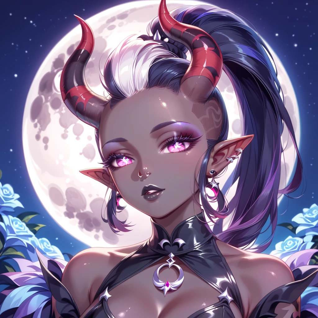 score_9, score_8_up, score_7_up, ((Masterpiece)), ((highres)), ((1person, 1girl, 1female)), Random poses, beautifully detailed succubus girl, ((Shiny moon background)), white mohawk w/ponytail, defined elf ears with ear guages, defined eyes, pastel iris, long eye lashes, defined nose, black lipstick, curvy, (((Black skin))), black demon horns, breasts, night sky, pastel gothic style, gothic style art, gothic asthetic
