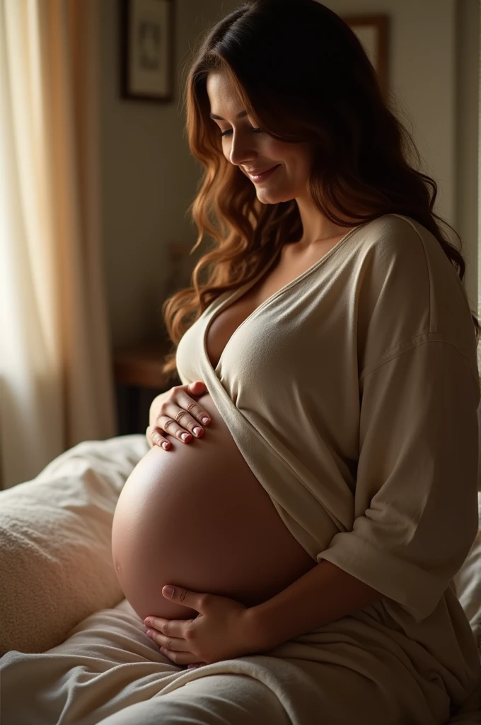Beautiful woman, tight dress, pregnant, soft, big boops, indoor, soft face