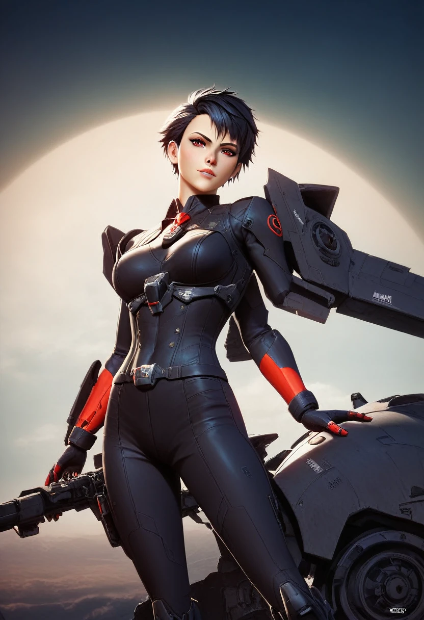 black darker skin woman, mecha pilot,cool normal cap,black short hair,black suit,red eyes, hair lisse, (best quality,4k,8k,highres,masterpiece:1.2), concept art, cinematic lighting, dynamic pose, dramatic colors, intricate detail, sci-fi