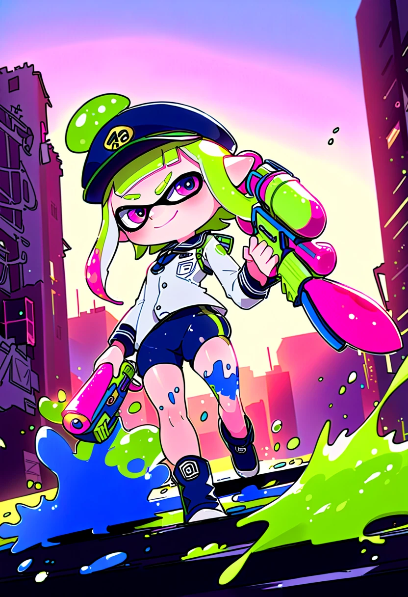 (masterpiece, best quality:1.1), popart, (a Inkling(from "Splatoon") is standing in ruin-city),solo,wearing Mariner's uniforms, a lot of ink on their bodies,has water-gun and ink-gun,splattered ink,colorful,joy,sunset,soft lighting,pose,