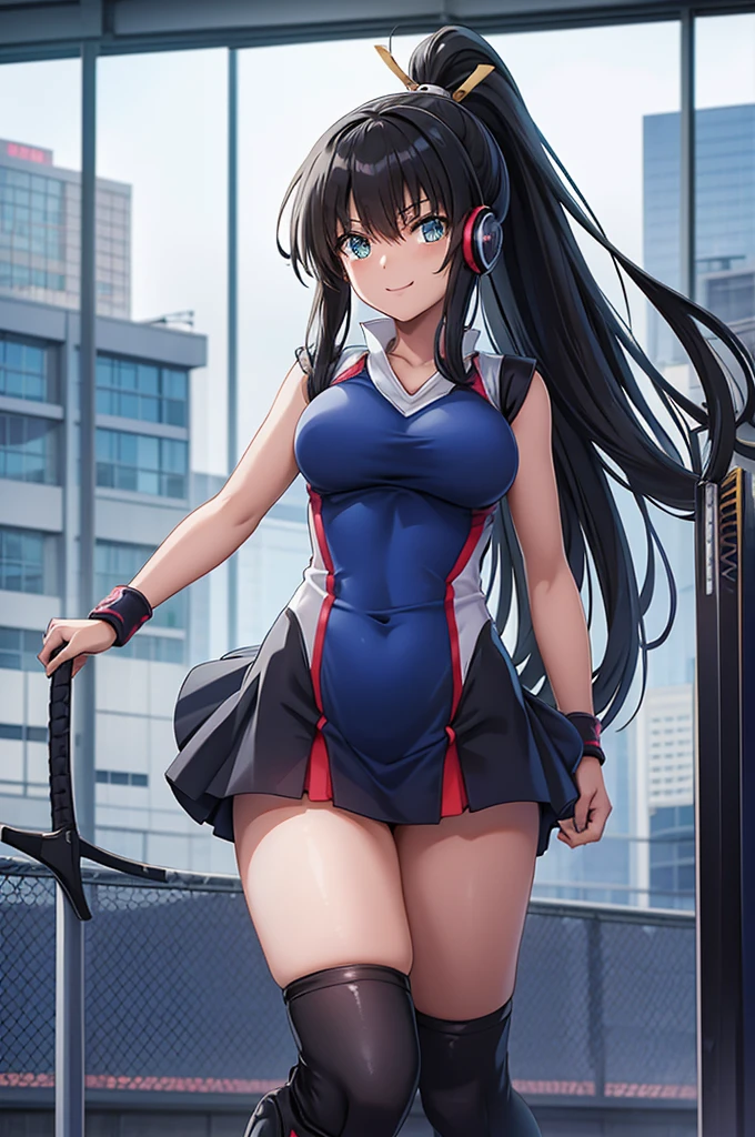 smile、mecha wing、Thighs、tights、chest、Shiny black hair、 ponytail、 1 girl、 solo girl 、 headphones、idol dress、 I have a sword、mecha girl、 miniskirt that snaps around the knee、Ayano Hanesaki 、 tennis wear、tennis wear