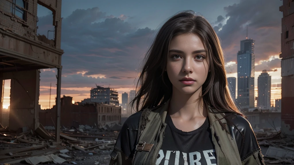 masterpiece, high resolution,8K,(Portrait Photos:1.5),(R Original Photo),Reality,Digital Photography,(Apocalyptic ruins ),City ruins，beautiful 20 year old woman，sentry， post-apocalyptic scene，Medium distance photography， broken clothes