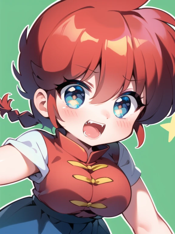 ((masterpiece)), high quality, very_high_resolution, large_filesize, full color, heavy outline, clear outline, colorful, (beautiful detailed eyes), (beautiful face:1.3), (boyish face), 1 girl, (femaleranma), (red hair), short hair, (braided ponytail), ((bangs)), bumpy bangs, blue-gray eyes, big breasts, curvy, black-wristbands, femaleranma, braided ponytail, chinese clothes, sleeveless, tangzhuang, black pants, cameltoe, standing, upper body, front view, (8k, RAW photo, best quality, masterpiece:1.2),    RanmaChan, RanmaRedShirt, blue pants (masterpiece, best quality:1.2), 1 girl, Solitary best quality,masterpiece,highly detailed,ultra-detailed, 
haddonsundblom,__ro　((Chibi:1.3)), 1girl, solo, cute, young sister, (red har, single braided ponytail hair), (jitome, fangs, open mouth), ((ranma-chan)), ((outfits:chinese clothes)), dynamic angle, exciting, takahashi rumiko, 1990s \(style\), retro artstyle, watercolor\(medium\)