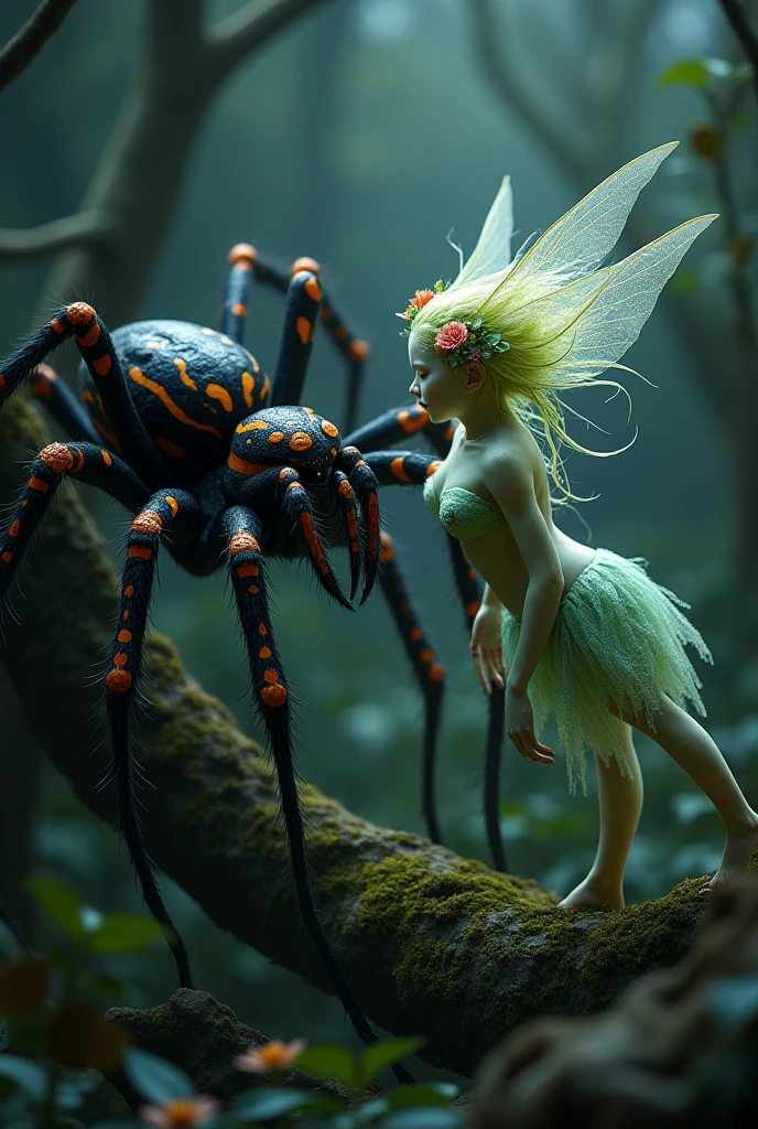 A minuscule, glowing fairy with wings of iridescent blue, her delicate limbs bound by thick, sticky strands of spider silk. She struggles valiantly against her captor, a monstrous spider with legs as long as tree branches and eyes that gleam with malicious intent. The spider's body is a ghastly mix of black and deep red, its fangs dripping with venom. The fairy's clothes are tattered and her hair is a wild mess of gold, contrasting with the dark web that envelopes her. The background is a moonlit forest, the silvery light casting eerie shadows across the scene. In the distance, the silhouettes of more fairies can be seen in the treetops, their concerned faces peeking through the leaves as they witness their friend's plight. The foreground is a tapestry of intricate web patterns, highlighting the spider's cunning trap. The image captures the tension of the moment, as the fairy's expression is one of determination and fear, while the spider looms closer, poised to deliver a fate worse than entrapment.