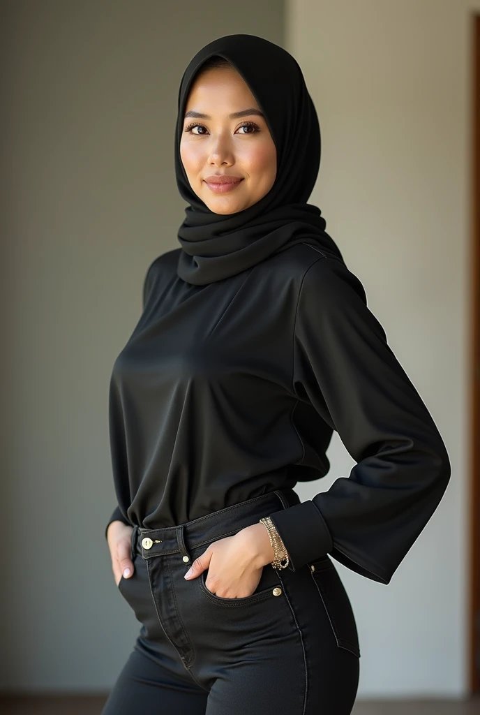 woman,((30 years old)), black hijab, black shirt, beautiful face, white skin, soft smile, long pants