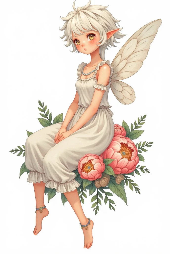 A fairy with wings is sitting on top of large blooming peonies, legs crossed behind her back and wearing an off-white dress with ruffles in the style of Hayao Miyazaki. The illustration is a watercolor painting with a white background and pastel colors. It is a full-body shot of the fairy in a flat, vector design that is highly detailed and a digital drawing with high resolution, isolated from the white background. 