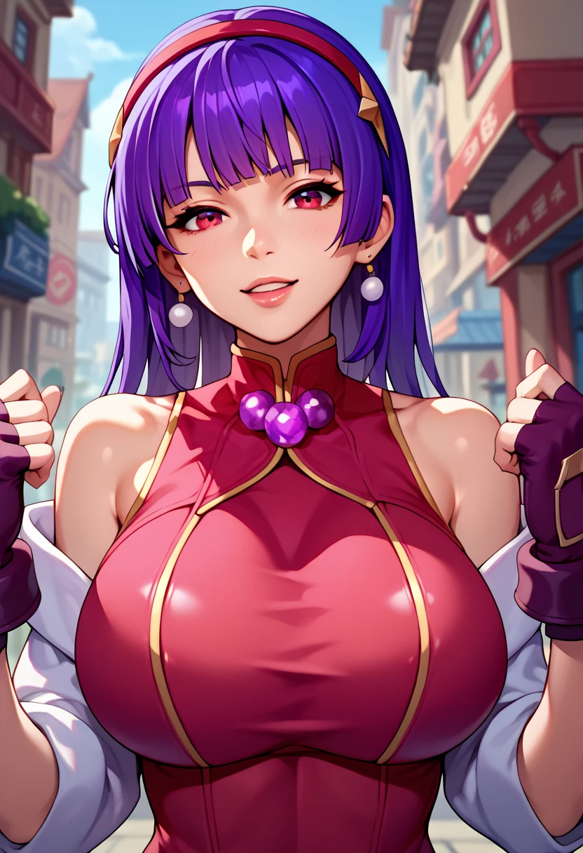 score_9_up, score_8_up, score_7_up,score_6_up, score_5_up, score_4_up , 1girl, solo, twoheads, 2heads, conjoined, ((2 different hairstyles)), huge breasts, kula, blue hair, red eyes, bodysuit, gloves, zipper, AthnaKOFXV, purple hair, purple eyes, red hairband,pearl (gemstone), off-shoulder, white sleeves, fingerless gloves, short china dress, both head tries to pull the opposite way of the other head, distracted, uncoordinated, city background