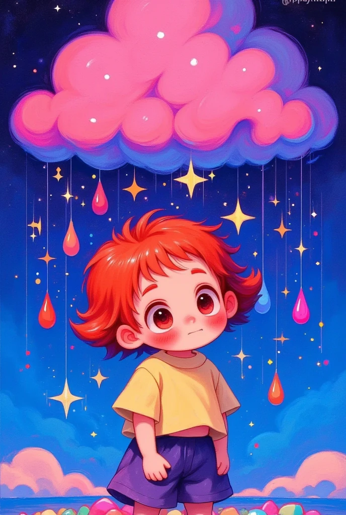 A cute  with red hair stands under the pink cloud, which is raining stars on her head. The background of the starry sky has colorful raindrops hanging from the clouds and stars, creating an atmosphere full of fairy tales. This illustration style features bright colors and soft lines, creating a dreamy feeling. It uses cartoon characters to highlight children's innocence and whimsy