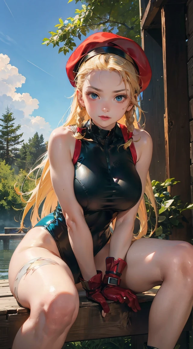 masterpiece, best quality, highres, 1girl, cammy white, twin braids, long hair, blonde hair, antenna hair, beret, (red headwear:1.3), blue eyes, scar on cheek, green leotard, large breasts, sleeveless, red gloves, fingerless gloves, camouflage, on knees, outdoors,, straight-on,