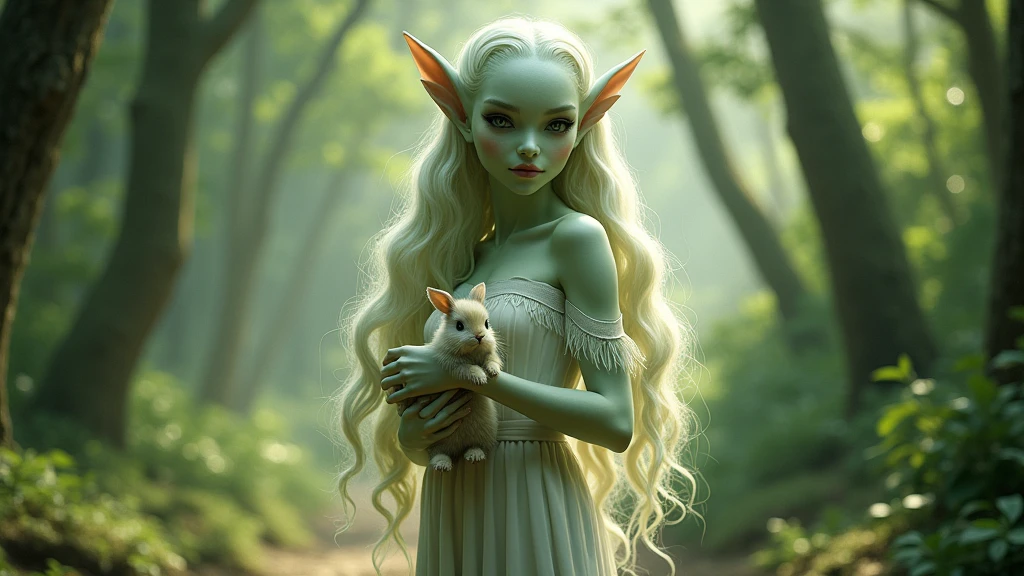 1men, 1girl, princess carry, Elf, Elf ears, aqua eyes, straight hair, very long hair, blonde, (white elven dress:1.2), see-through, strapless, jewelry, (little green goblin:1.2), size difference, with a baby goblin in her arms, a girl carrying a man, ugly goblin, sharp teeth, goblin monster, diaper goblin, fantasy, in a fantasy glade, cinematic, detailed character design, Digital artwork, Resolution: 4k, best quality, masterpiece, high resolution, <lora:goblin_v0.1a:0.6> <lora:princess_carry_v0.1:0.7>