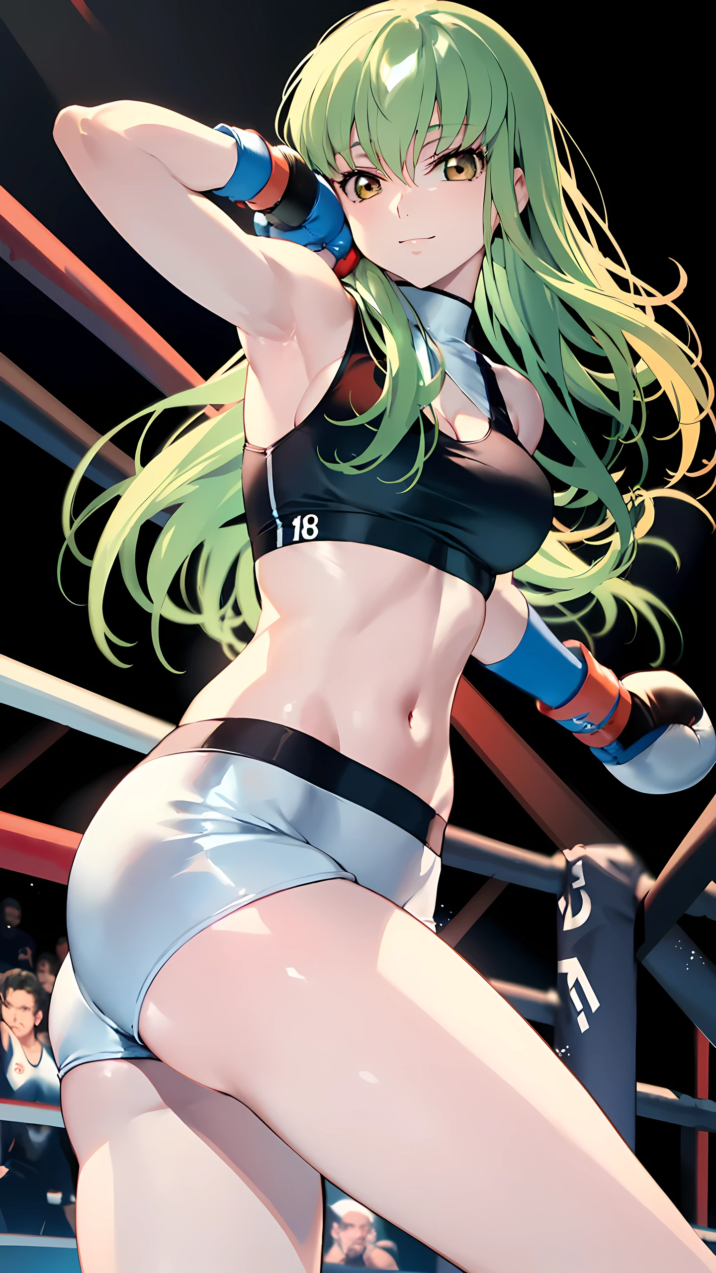 CC_Code Geass, Hair between the eyes, Very long hair, gold eyes, 1 person, Bright light, (masterpiece, Highest quality), 8k, Intricate details, (on MMA Arena :1.5), (wearing sports bra:1.5, wearing tight fit spats:1.5, white costume, wearing fingerless gloves:1.3, sleeveless), cleavage, belly button, (bare thigh), slim long legs, Highly detailed face, Highly detailed eye, looking at viewer, realistic background, (naughty smile), woman boxer, (heroic stance pose, boxing stance, in a fighting pose, cowboy shot:1.5, dynamic angle),