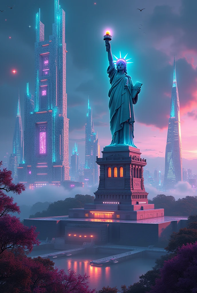 Absolutely! Here’s the updated version of your prompt with the Statue of Liberty instead of Queen Elara:  

**Updated Prompt:**  
"Ultra-detailed, 8k resolution futuristic cityscape on Nova Aeterna, seamlessly blending ancient cultural architecture with cutting-edge technology. Towering crystalline skyscrapers with intricate latticework shimmer with embedded neon lights, contrasting against vibrant, bioluminescent forests sprawling below. Hovering vehicles with sleek, aerodynamic designs glide smoothly through a glowing, neon-lit sky. In the foreground, a monumental, futuristic reinterpretation of the Statue of Liberty stands as a guardian of peace and progress, its torch emitting a radiant, holographic light and its structure enhanced with advanced materials and glowing accents. The scene is bathed in cinematic lighting, featuring hyper-realistic textures, dramatic depth of field, and dynamic atmospheric effects like mist, glowing particles, and a vivid, starry skyline."  

This version integrates the Statue of Liberty with a futuristic twist while keeping the grandeur of your scene intact. Let me know if you need further adjustments! 😊