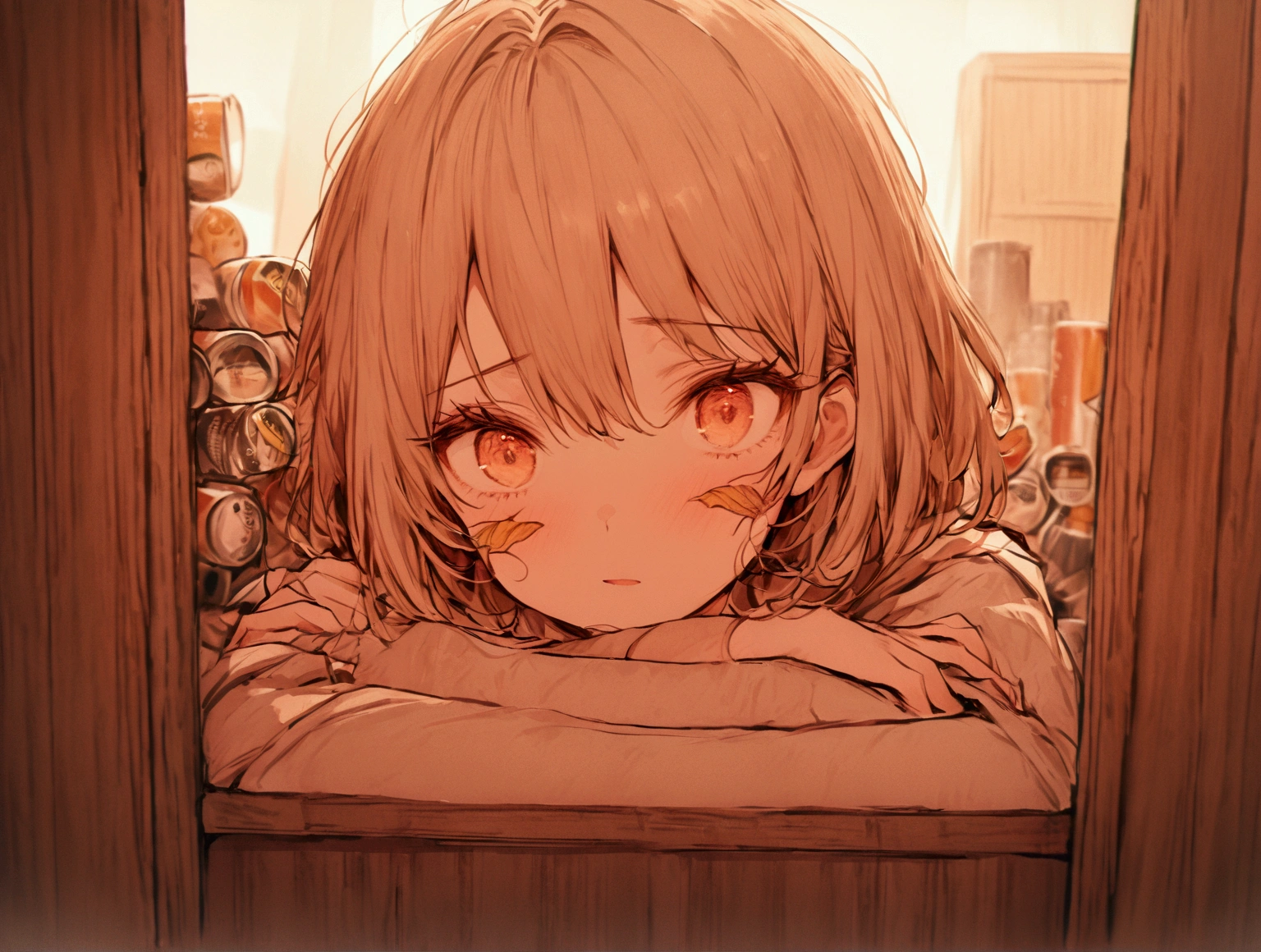 Create a vibrant manga-style illustration of a girl with medium-length hair in a surprised expression, surrounded by neatly stacked cans of fish with colorful and detailed labels. The cans feature glossy textures with bold, contrasting designs that stand out. The girl has soft, warm tones for her skin and hair, with expressive eyes reflecting curiosity. The background is minimalistic, using soft gradients to keep the focus on the girl and the cans. Ensure the overall scene feels lively and dynamic, bringing a playful and whimsical energy to the composition.masterpiece, best quality, ultra detailed, score_9, score_8_up, score_7_up, score_6_up, score_5_up, score_4_up, 1girl, ((POV from inside cabinet)), curious expression, looking into cabinet, large anime eyes, (detailed face:1.2), medium hair, ((multiple food cans in foreground)), (stacked cans:1.1), pantry items, (cabinet interior wooden texture:1.2), (soft ambient lighting:1.2), depth of field, foreground blur on cans, slice of life, domestic scene, (detailed product labels:1.1), colorful food packaging, warm color palette

drawn by bukurote:1.2, drawn by youamo:1.1, drawn by cotono (nazekun):1.0, nj (nlnj):1.2, nj (annj):1.1, nj (tknj):1.0, soft lighting:1.15

 