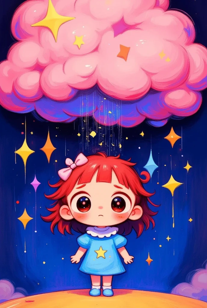 A cute  with red hair stands under the pink cloud, which is raining stars on her head. The background of the starry sky has colorful raindrops hanging from the clouds and stars, creating an atmosphere full of fairy tales. This illustration style features bright colors and soft lines, creating a dreamy feeling. It uses cartoon characters to highlight children's innocence and whimsy