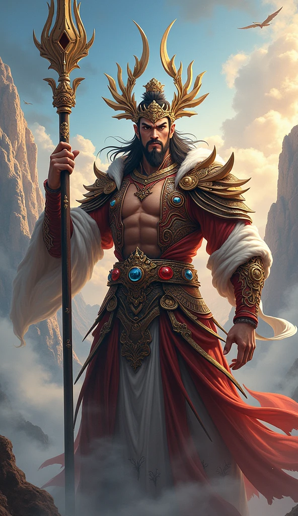 Realistic,Hot muscular Emperor of the Han dynasty on his knees with legs spread apart, wearing an ancient revealing Chinese dress with a tight thong a huge bulge with long silky hair and masculine features with a serious face looking at the ground.Battle scars, a huge throne behind him