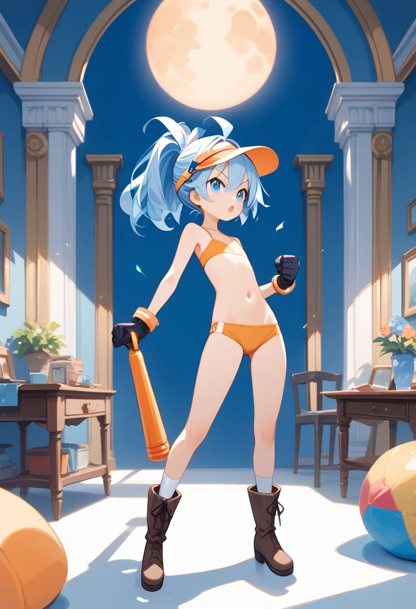  One adult woman,  shorthair ,  light blue hair ,  flat chested,black目,Room Background , whole body, slender,Tall, holding white socks ,Ahoge,(black　big　Gloves),,( brown　 boots),Make a fist pump,Sun visor,  ponytail,Completely naked