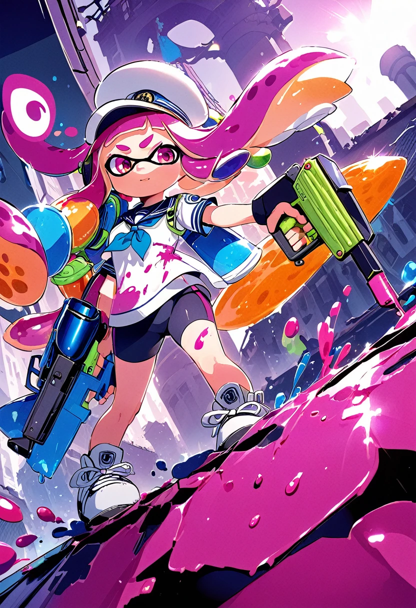 (masterpiece, best quality:1.1), popart, (a Inkling(from "Splatoon") is standing in ruin-city),wearing Mariner's uniforms, a lot of ink on their bodies,has water-gun and ink-gun,splattered ink,colorful,great joy,volumetric lighting,pose,