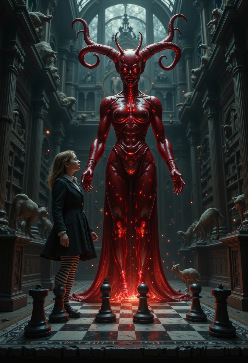 Magic style, nightmare, A Dark Academia chess match where Alice faces off against a towering Red Queen made entirely of blood-red glass. The chess pieces are alive, scuttling across a black-and-white marble board. Aliceâs outfit is a blend of Victorian schoolgirl and gothic rebellion, with striped stockings, a tailored blazer, and a flowing skirt. The match takes place in a cavernous hall, its walls adorned with academic trophies and unsettlingly realistic taxidermy animals. Each move on the board causes the walls to shimmer and distort, revealing glimpses of a hidden wonderland. Style inspiration: Gothic academia with dreamlike horror elements.