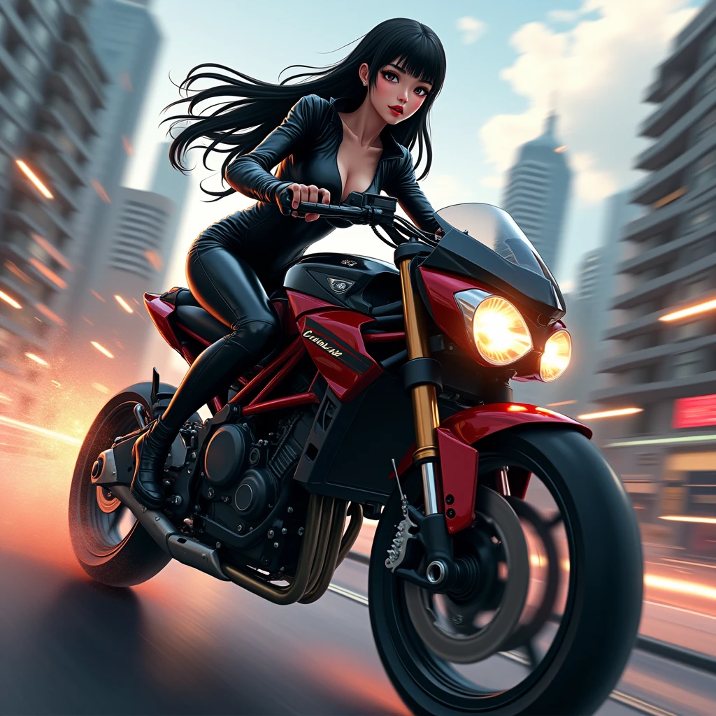 black hair, Biker , Punk girl  , Medium messy hair , Bodysuit , Black sun glasses , Sexy ass , pose , Surrealism, 8k, super detail, Realistic , High quality