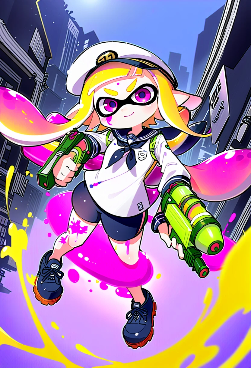 (masterpiece, best quality:1.1), (a Inkling(from "Splatoon") is standing in ruin-city),wearing Mariner's uniforms, a lot of ink on their bodies,has water-gun and ink-gun,splattered ink,colorful,great joy,volumetric lighting,pose,