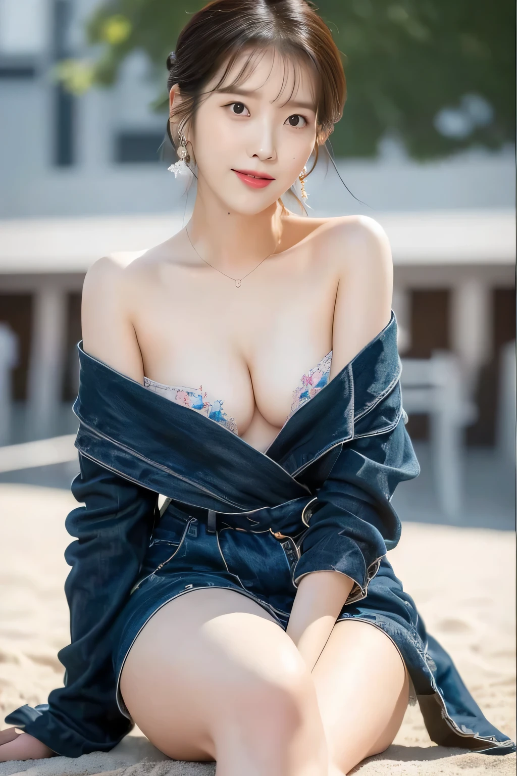 (Best quality, 8k, 32k, Masterpiece, UHD:1.2), 1girl, beautiy Japanese woman, a woman in lingerie posing on the beach at sunset, Lee Ji Eun, hot with shining sun, hwang se - on, casual cowboy seating pose, slender body, lee ji-eun, lee ji - eun, gorgeous young korean woman, korean girl, beautiful young korean woman, korean women's fashion model, sakimichan, IU, (nsfw:1.5)