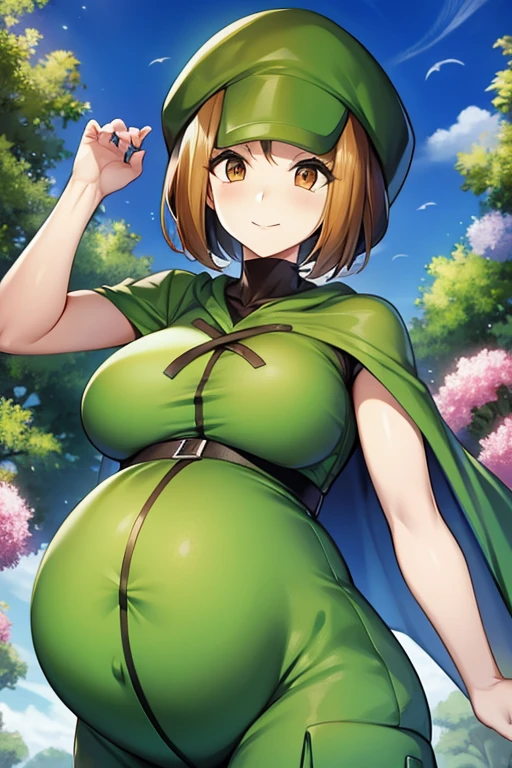 masterpiece、highest quality、Pokémon、nathan、Colossal breasts mature pregnant woman、Colossal breasts mature pregnant woman、colorful hair、green capellet、（（（green cape）））+++、（（（green cape）））+++、（（（green cape）））+++、black shirt、long sleeve、abdomen、belt、orange shorts、big breasts、Upper body、smile、look at viewer、third trimester of pregnancy, Wrinkled between the eyebrows、forest、bee、garden、flower