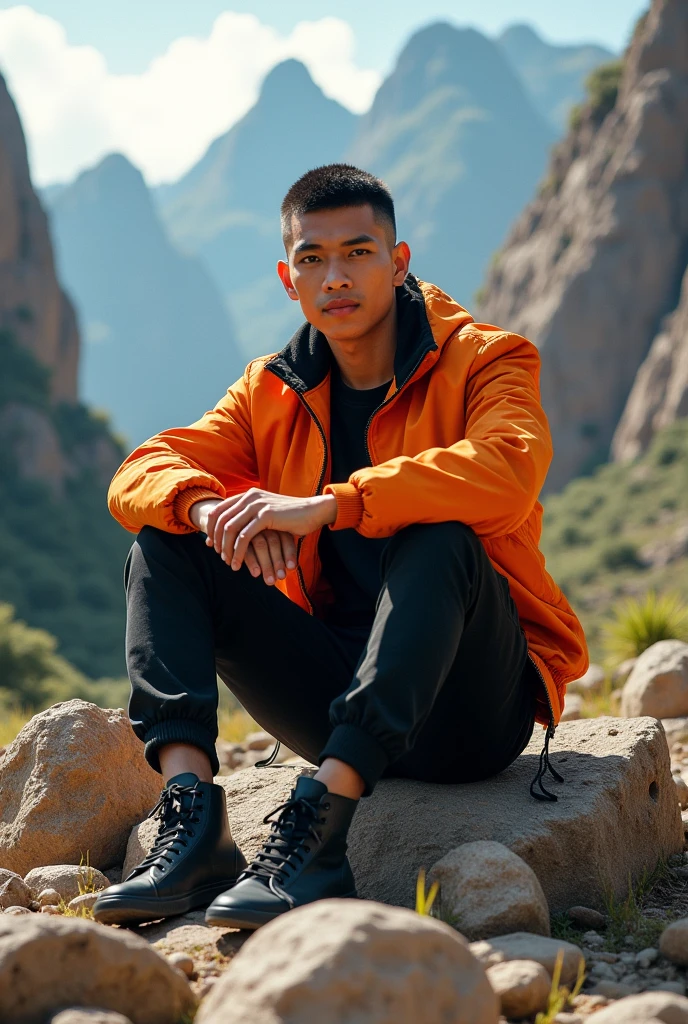 A stunning 8k portrait photograph of a 25-year-old Indonesian man, showcasing his slender build and casual attire. He has short, middle-parted hair, and is dressed in a black zip-up jacket, beige cargo pants, and white sneakers. The man is sitting cross-legged on a hilltop, surrounded by lush green grass, against a backdrop of a breathtaking mountain landscape. The colors are vivid, and the image is captured in a high-quality cinematic style, creating a fashionable and artistic vibe.