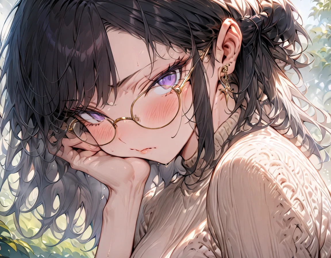 (masterpiece, best quality,Super detailed:1.6),( anatomically correct), portrait,(Dark-haired mature woman ,Medium-long hairstyle,Large black-rimmed glasses ,whole body),A face approaching the viewer,Kissing Face, Gentle Expression ,Date at the park , beige knit ,(Small breast size)