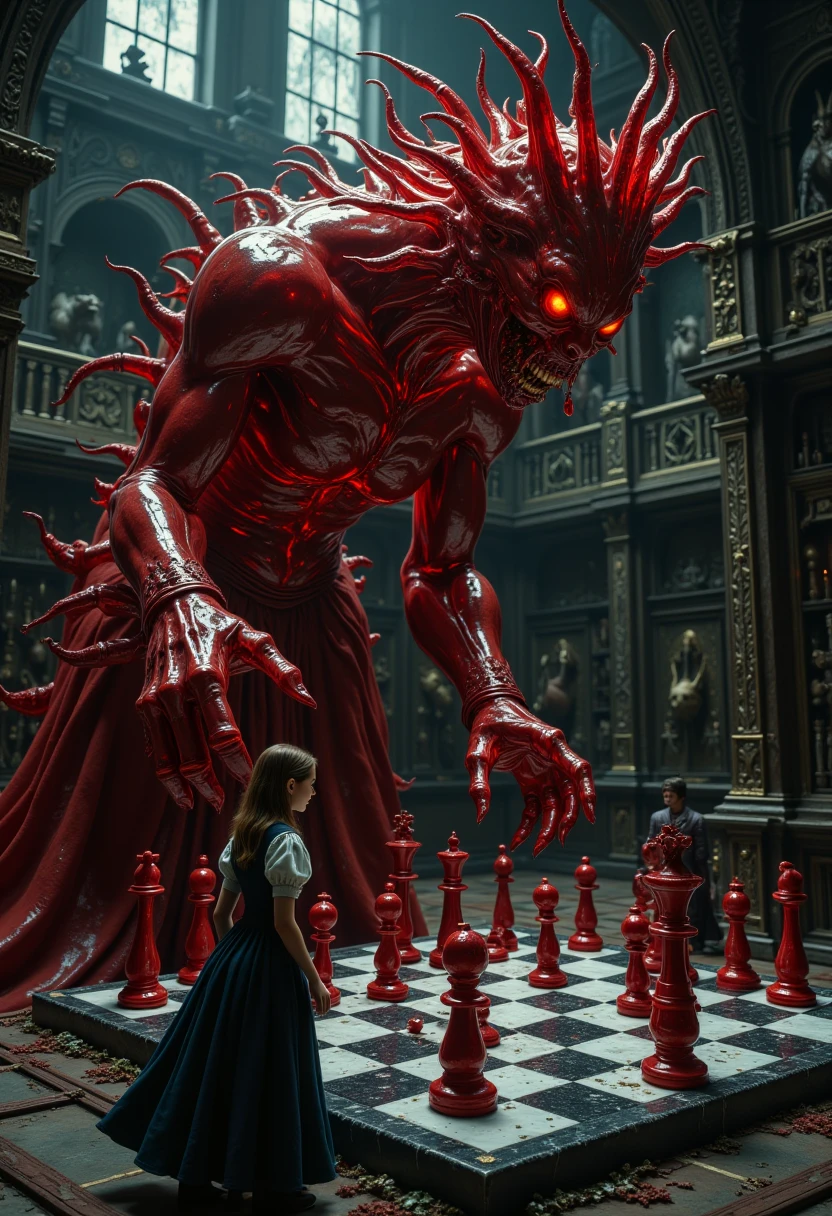 Magic style, nightmare, A Dark Academia chess match, where Alice battles a towering Red Queen made entirely of blood-red glass. The chess pieces are alive, scurrying across a black and white marble board. Alice’s outfit is a mix of Victorian schoolgirl and gothic rebellion, with striped stockings, a fitted blazer and a flowing skirt. The match takes place in a cavernous chamber, the walls of which are adorned with academic trophies and disturbingly realistic taxidermy animals. Each move on the board causes the walls to shimmer and distort, revealing glimpses of a hidden wonderland. Style inspiration: gothic academia with dream-like horror elements.