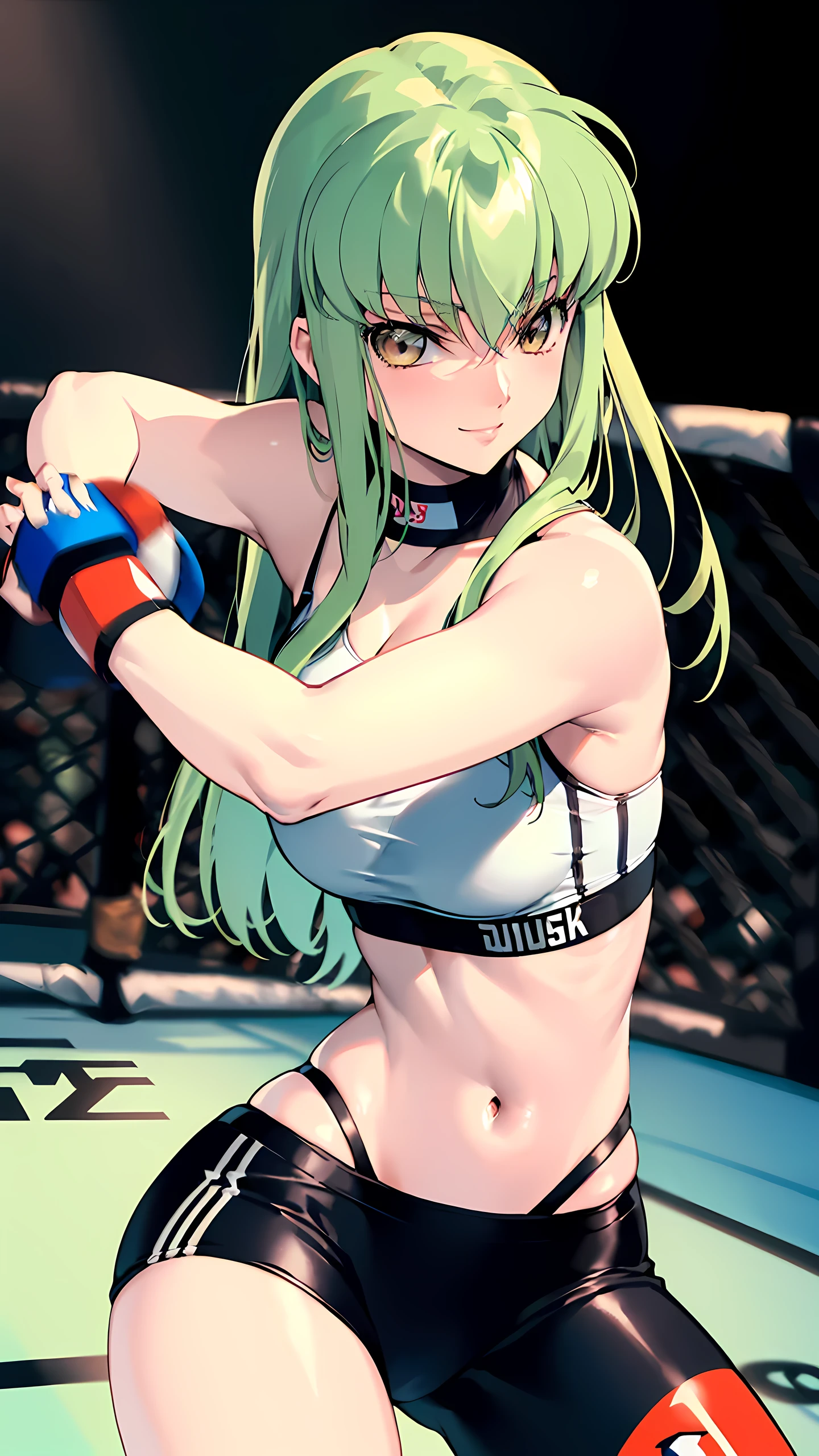 CC_Code Geass, Hair between the eyes, Very long hair, gold eyes, 1 person, Bright light, (masterpiece, Highest quality), 8k, Intricate details, (on MMA Arena :1.5), (wearing sports bra:1.5, wearing tight fit spats:1.5, white costume, wearing fingerless gloves:1.3, sleeveless), cleavage, belly button, (bare thigh), slim long legs, Highly detailed face, Highly detailed eye, looking at viewer, realistic background, (naughty smile), woman boxer, (heroic stance pose, boxing stance, in a fighting pose, cowboy shot:1.5, dynamic angle),