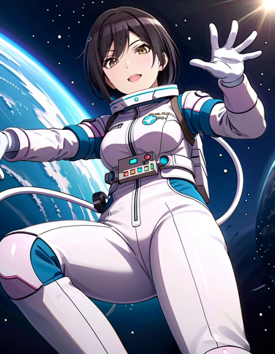 (spacesuit:1.15), white cargo pants, astronaut)bubble helmet, space helmet, white gloves , , looking close at you, outer space, floating, masterpiece, best quality, 1girl, beautiful,  image from below, solo, , shirase sakuya, srssky, black hair, straight hair, bangs, yellow eyes, large breasts, happy, difficulty breathing, saluting, fullbody