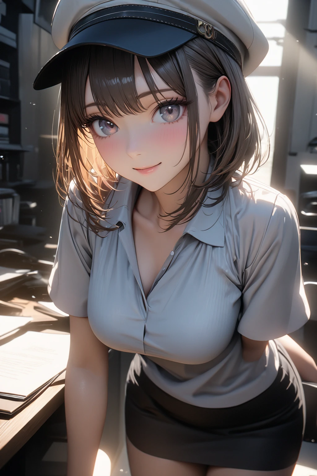 (Top Quality, 8k, Masterpiece: 1.3)), Sharp Focus, 1 Girl, Slim Beauty: 1.2, Brown Hair, With Bangs, (Short Hair with Layer Cut), (Big: 1.5), Detailed Eyes, Beautiful Eyes with Slit Length, Double Eyelids, (Cat Face), (Cute Face), Cute Smile, (Close Mouth), (Cute), Soft Skin, Reflecting the whole body, Ultra Realistic, Ultra Detailed, High Quality, ( A beautiful short-haired waitress who comes to the table to ask for orders), ((Detailed very cute waitress uniform)), ((Big that can be seen even from the top of the uniform)) long shot
