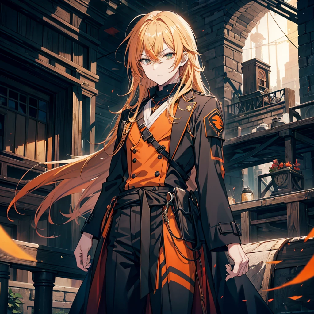 orange battle coat, Orange and black outfit ,  long brand hair,  straight hair ,  long bangs  ,  close your mouth and laugh , ４０age,  handsome, Muscular, Narrow green eyes ,  Official Art、  best quality、  Unity 8K Wallpaper 、32K、masterpiece、Super detailed, Male nose, Male Eyes  , Male outline  ,  male skeleton  , carrying a large red sword , Light and Smoke Background , Moonlight,