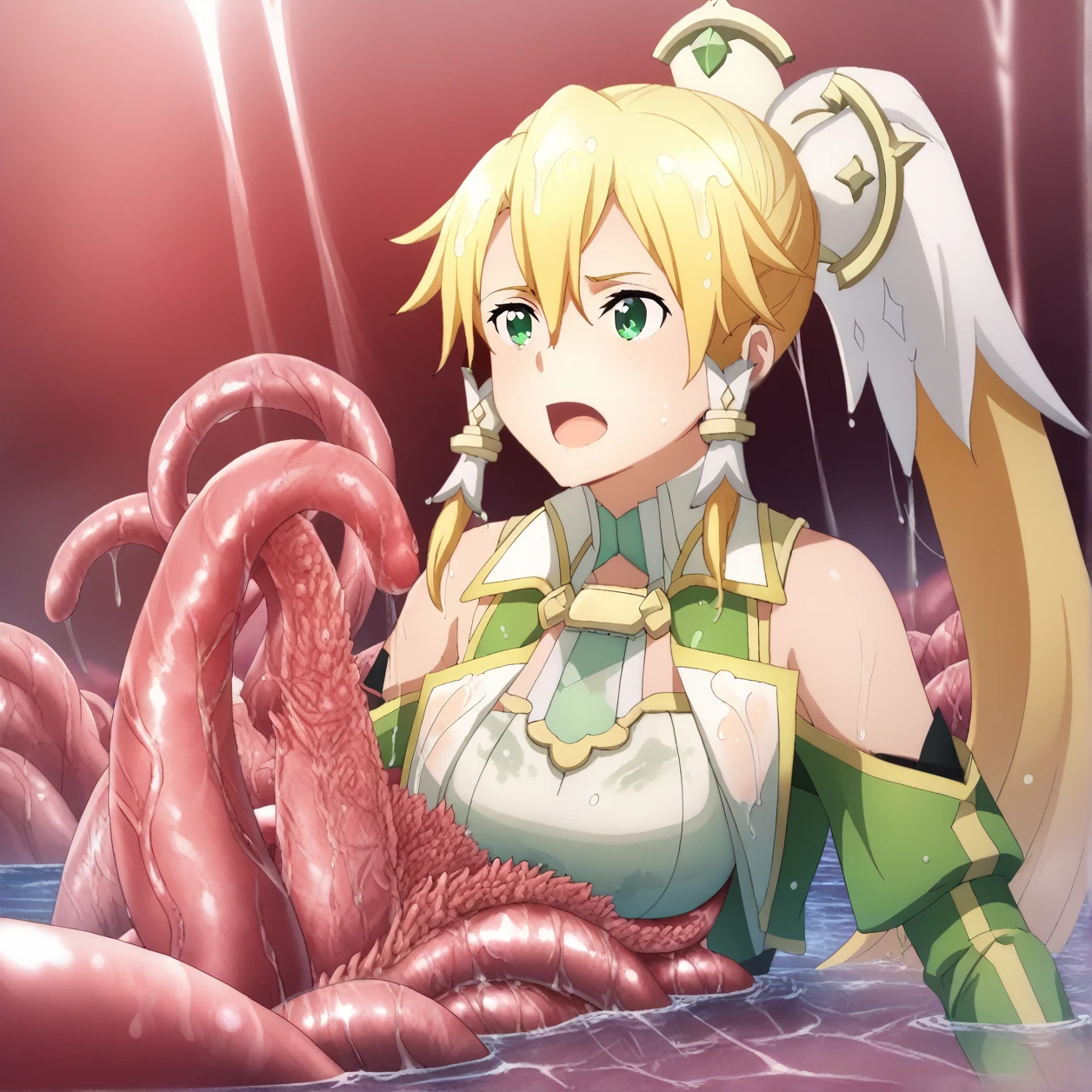 one girl, Alone, detached sleeves, suguha kirigaya, long hair, blonde hair, hair ornament, green eyes, ponytail, hair tubes, bare shoulders, gloves, white gloves, wet hair, Rub your boobs with your tentacles, wet hair , tentacles, Game CG,  best quality,  detailed eyes on board, detailed face , masterpiece, super detail,  tentacles grow from swamps , submerged,  puddle, brick,  tentacles go inside clothes,  open your mouth , Displeased face, cry,  wrap your tentacles around your face,  wrap the whole body with tentacles , In the hole, Rub your chest with tentacles , suspended, Crawling, tentacle sex