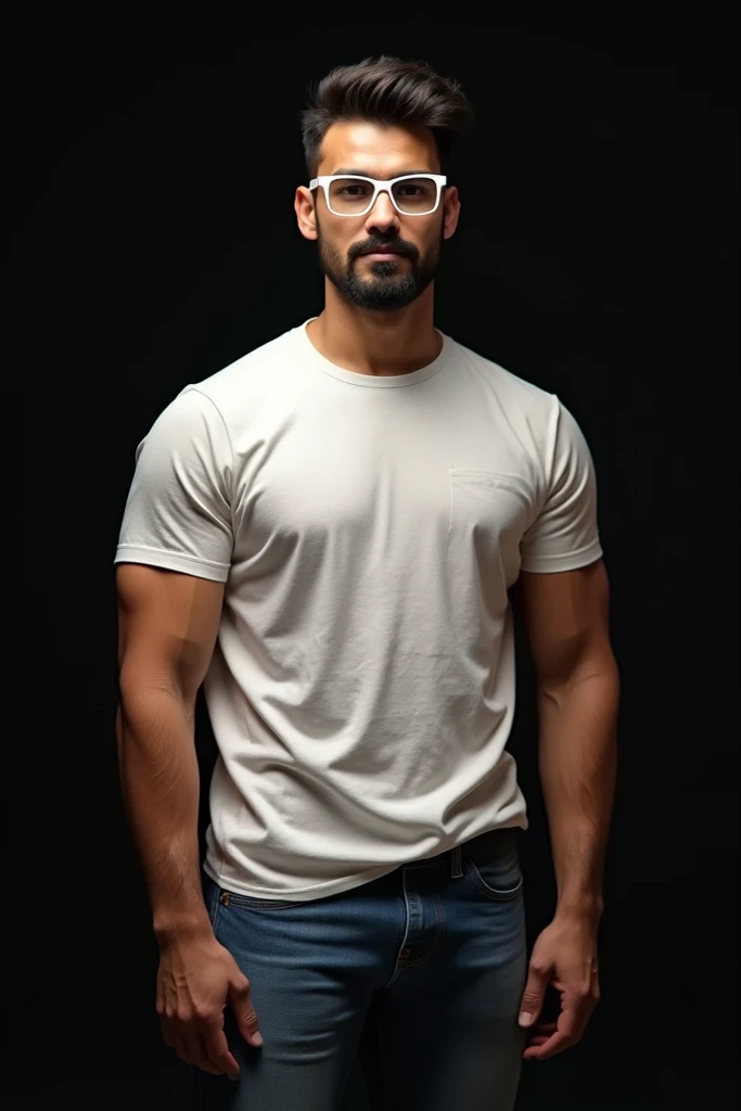 dark-skinned, slickedback hair, glasses, gray shirt