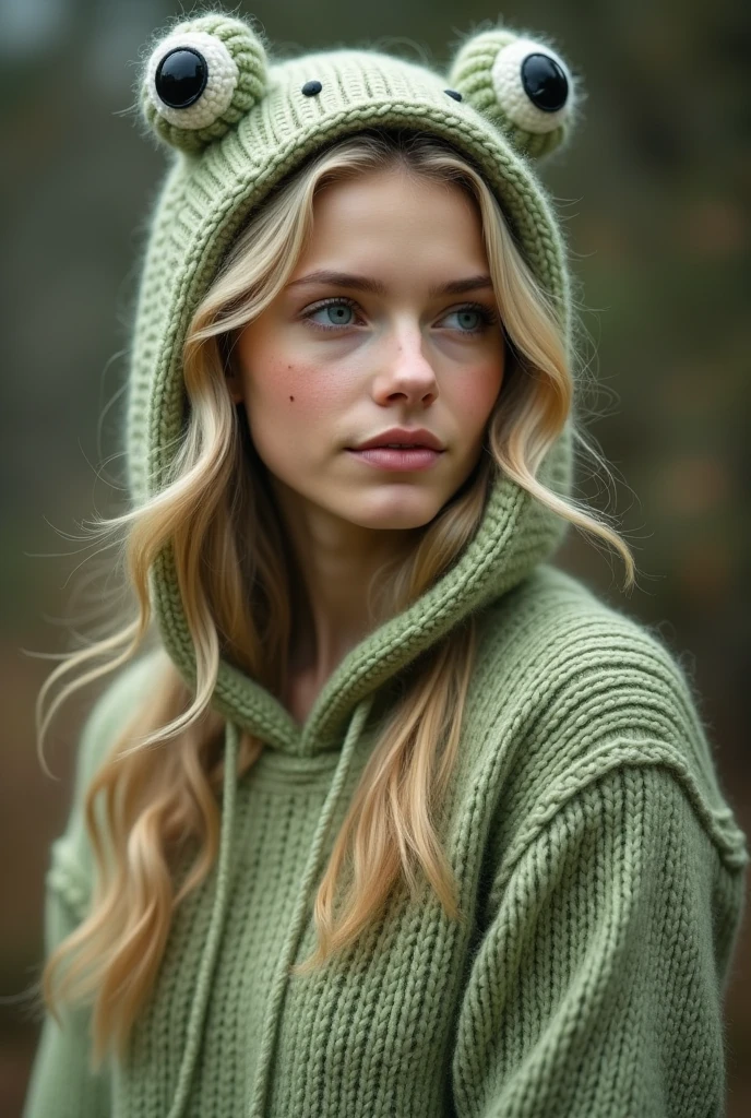 bianca, a 17 year old girl with delicate features. She has blonde hair and green eyes. Their skin is white as snow, and she exudes an air of grace and mystery. angry expression, wears a green sweater with a red scarf