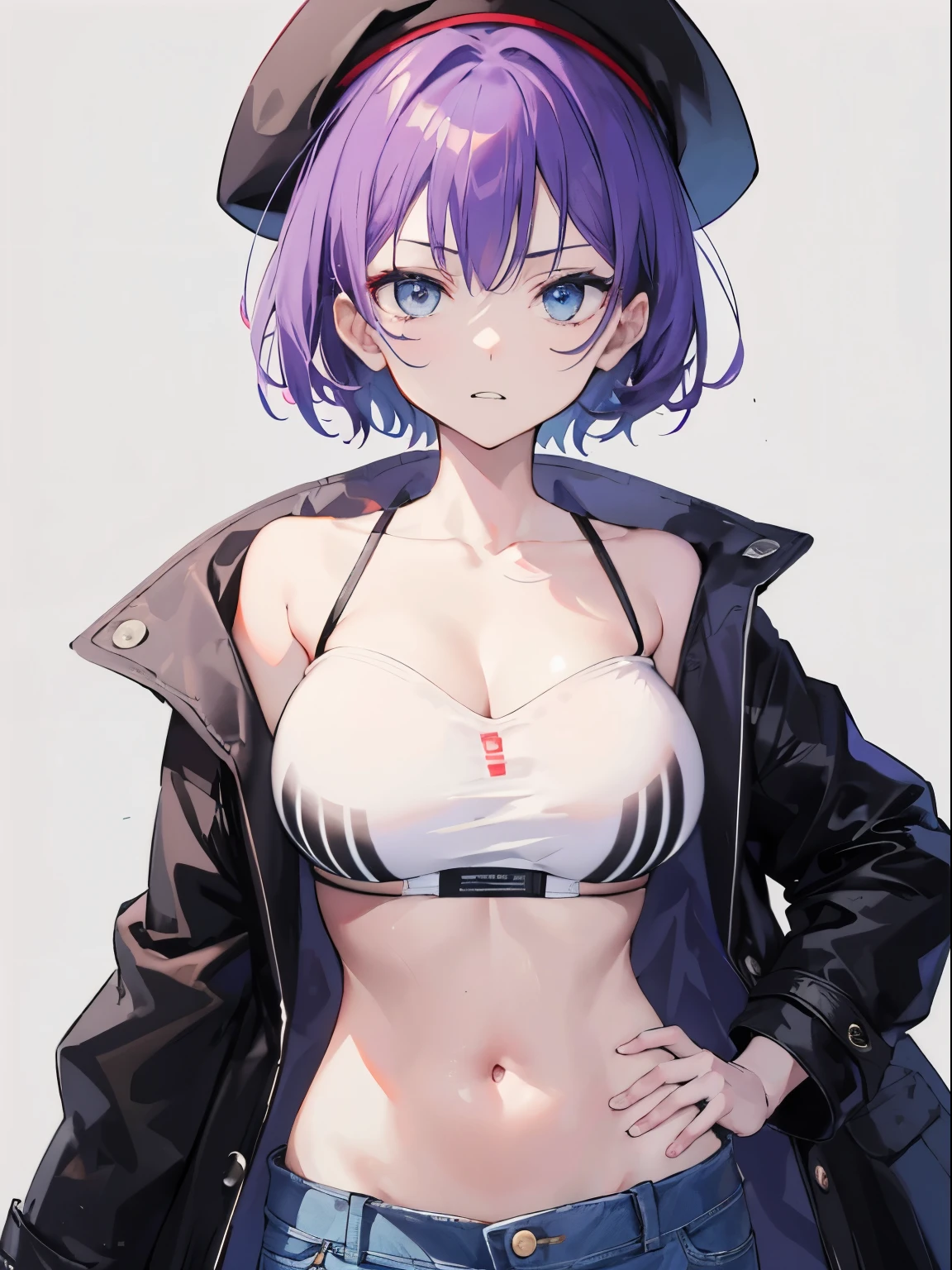 (serious, clenched teeth), 1 girl, upper body, (facing viewer, looking viewer), standing straight, (blue eyes, ((sanpaku)), (purple hair), straight hair, very short hair, large breast), ((black beret, black coat, white tube top, denim skirt)), collarbone, (gray background), Sharp Focus, (Best Quality, masterpiece, detailed, facial focus), (solo shot), navel, stomach, hand on own hips