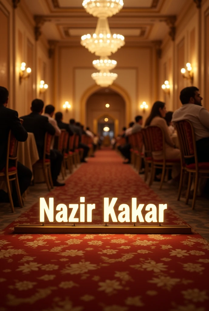Make one photo of my name.
My name is Nazir Kakar.
There is a wedding hall. We have tables in the wedding. Some people sit over there. And my name is in front of them in the table. And people look to my name.