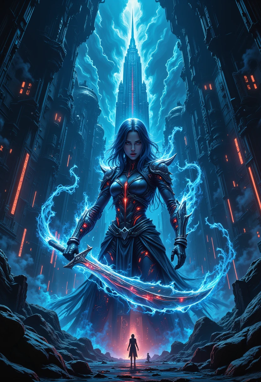 Magic style, nightmare, anime cyberpunk ilustration, sharp precise lines, surrealistic masterpiece portrait of cyborg girl upper body, she is wearing a flame sword erupting with blue flames, mystical monumental corporation HQ building, in the style of cksc, (asimetric composition focused on left part of image:1.5)