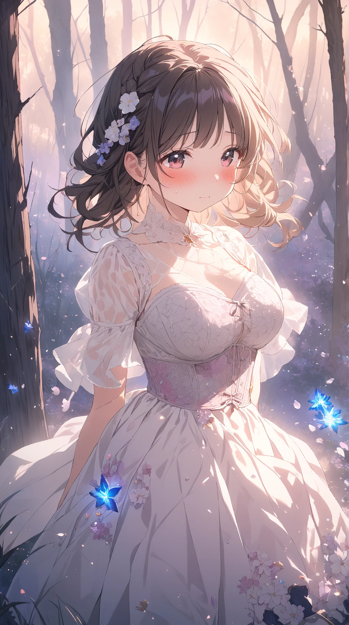 (((masterpiece))),((Highest quality)),Beautiful girl, Aerith, Sexy witch, bangs、(Long Hair, Braided ponytail:1.5)、(((huge firm bouncing bust, Deep cleavage)))、2、Translucent white skin, Sparkling sweat, (Gorgeous frilled dress with intricate patterns:1.5)、Japanese girl、 Beautiful digital artwork, Beautiful fantasy art, dynamic sely poses, A kind smile, Mysterious Background, Aura, A gentle gaze, BREAK,night, lanthanum,