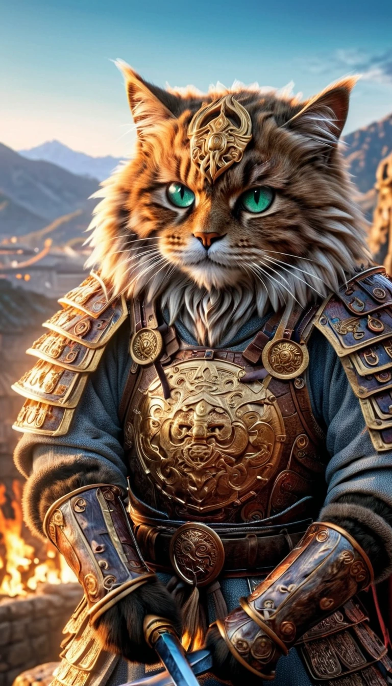 Official Art, Unified 8k wallpaper, Very detailed, Beautiful and beautiful, masterpiece, highest quality, To the movies《Lord of the Ring》Styles，Actual scene，Epic war scenes，(Siberian cat warrior:1.4)，(whole body:1.2), Samurai Armor, Wear elaborate armor and helmets，Has a long sword，In combat，Great Wall Background，Cool colors，texture，Ray Tracing，