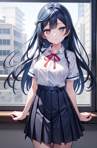 setunayuuki, Setsuna Yuuki, (iris:1.5),  black hair, Long Hair,  One side up, ( middle of chest:1.2), 
break armband, blue Highest, button, collared  shirt, dress  shirt, grey skirt, neck ribbon, Nijigasaki Academy Uniform , Check pattern, Check pattern skirt, pleated skirt, red ribbon, ribbon, ,  shirt, Short sleeve, skirt,  Summer clothes, Highest, white  shirt,
break looking at viewer, 
break indoors, classroom, 
break (masterpiece:1.2), Highest品質,  high definition ,  Unity 8K Wallpaper, (shape:0.8), ( beautiful fine details:1.6),  high definition face,  perfect lighting, High-definition CG, (  Perfect Hand , perfect anatomy), Very Big Breasts、