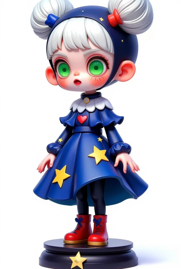 A cute chibi girl harlequin character in an elegant pose, wearing shoes with red and blue details, standing on the base of her figurine. She has white hair and green eyes, dressed in navy blue attire adorned with stars and diamonds. The background is plain white, highlighting her playful expression and colorful costume. 