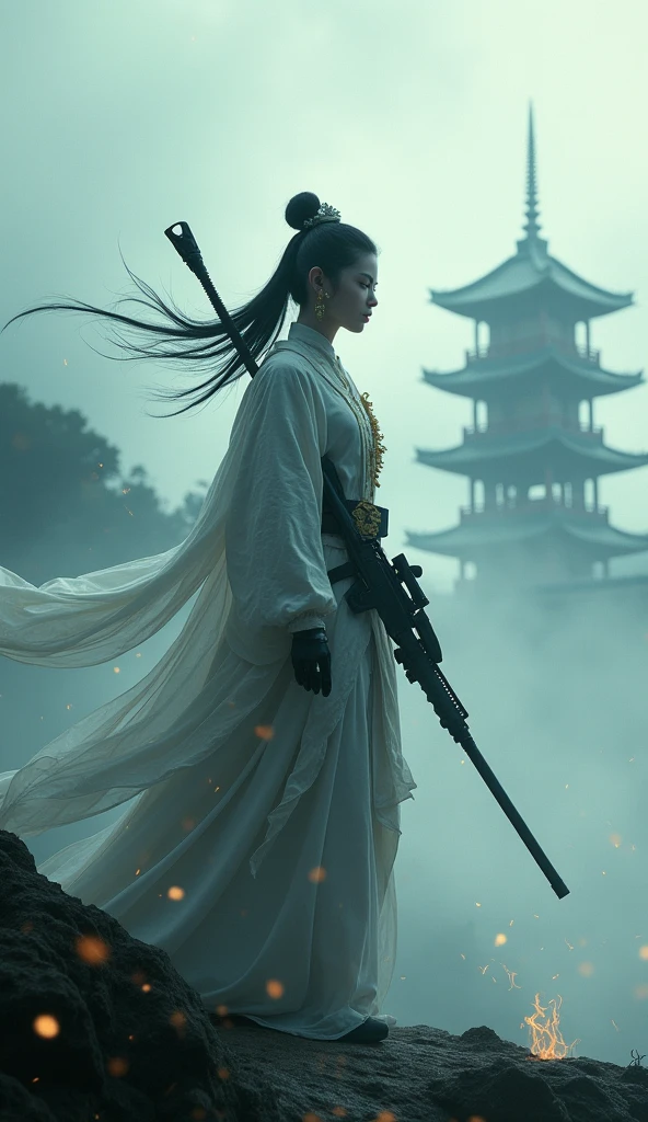 ultra high resolution, ((masterpiece))), (((best quality))), ((super detailed)),  ((extremely delicate and beautiful)),cinematic light, detailed environment(real),  Dynamic Angle, Perspective, High Point,pov(from above:1.1),
1girl, hair ornament, muscular, (holding sword:1.2) xuer Ancient Chinese sword, (full body:1.1),
A shot with tension(sky glows cyan,Visual impact,giving the poster a dynamic and visually striking appearance:1.2),Chinese Zen style,impactful picture,
designed by greg manchess,smoke, a model woman, bright eyes, glossy lips, futuristic gold face war paint, trending on art station, photoreal,
8 k, octane render by greg rutkowski,  art by Carne Griffiths and Wadim Kashin ,in the style of Dau-al-Set, Pollock, and inspired by MAPPA and Zdzislaw Beksinski,
<lora:~Q?-N-VRQV2 xuer Ancient Chinese sword:0.8>