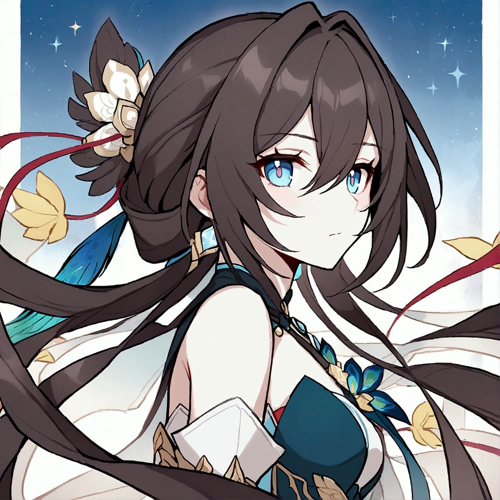 22-year-old female ,black hair, brown eyes, Thin, Big ,Decorated with a bow on the head, Black elegant women's suit, magic circle, Make it like tarot anime style but without the frame, The eyes are firm, time energy, Master the time