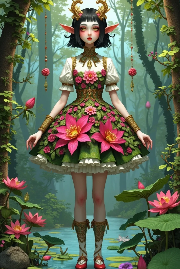 A beautiful elf in an elegant dress made of pink lotus flowers and green leaves stands on her feet with long, thin legs like slender trunks. She wears a crown shaped as delicate golden thorns, and she is standing gracefully in the middle of a swamp surrounded by lily pads. The sunlight shines through the trees, creating dappled light effects on the ground, in the style of Artgerm, Krenz Cushart, the artstation contest winner, in a fantasy art style, highly detailed, and with vibrant watercolor colors.