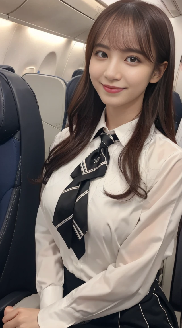 top-quality, ​masterpiece, 8k, 超A high resolution, (Photorealistic:1.4), 1girl in、Beautiful face、symmetrical eye、Colossal tits、Perfect body proportion、Stewardess uniform、Look at viewers、(Inside the plane:1.2)、front-facing view、Shoulder、Absolute area(1.3)、A smile　erotic school uniform、((網タイツ))、((黒ストッキング))、ブラウスの下の黒ブラジャーが見えている、スカートがめくれて白パンティが見えている、透け感が強い黒タイツ